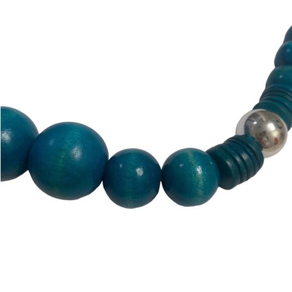 Turquoise Chunky Wooden Bead Silver Tone Bead Necklace - Picture 2 of 3